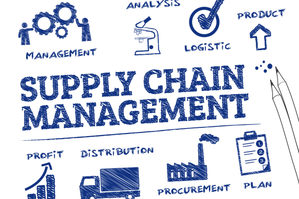 Supply Chain Management. Chart with keywords and icons
